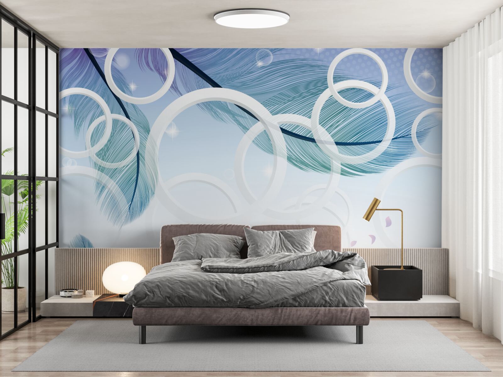 Fototapeta duże białe koła i pióra