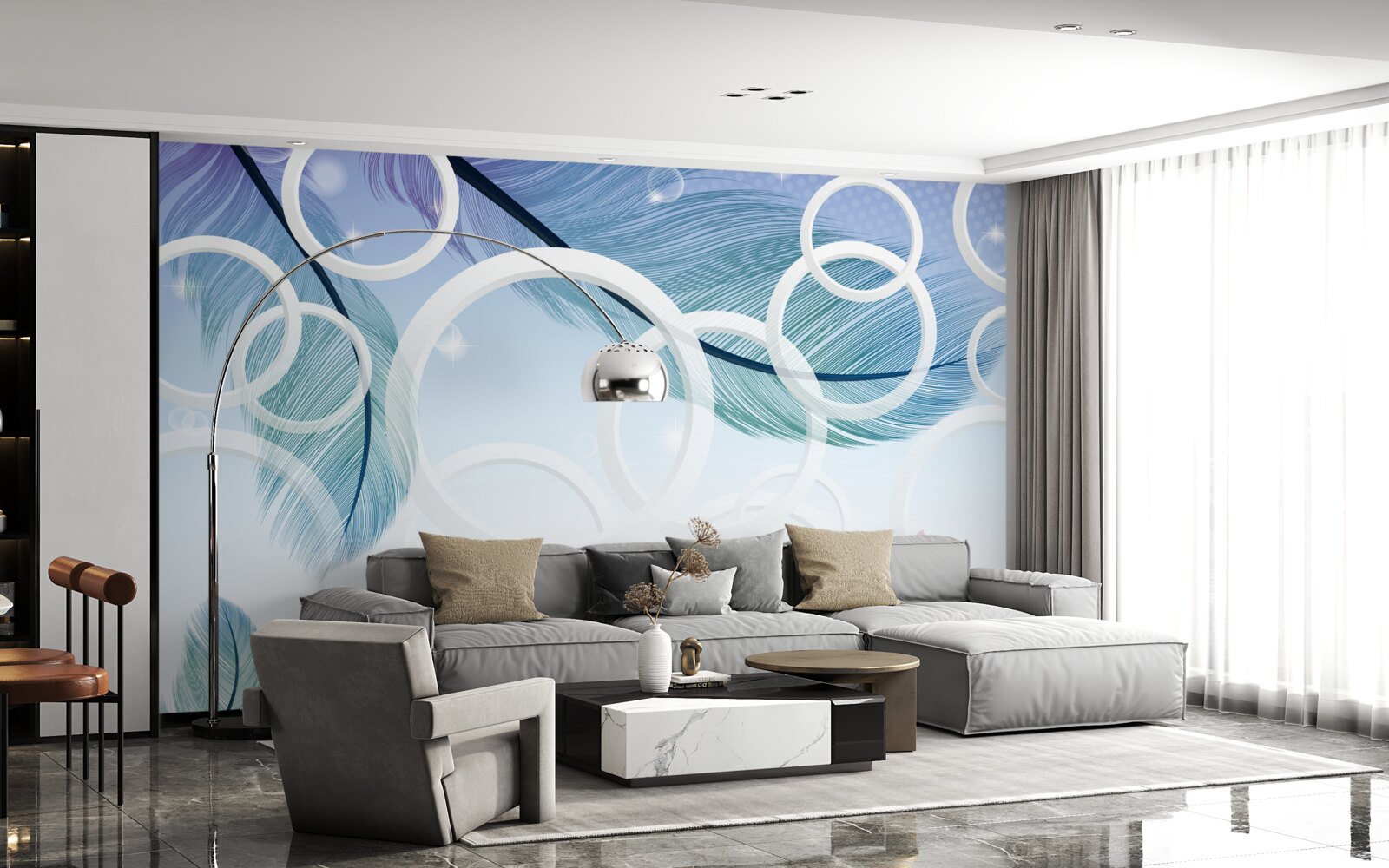 Fototapeta duże białe koła i pióra