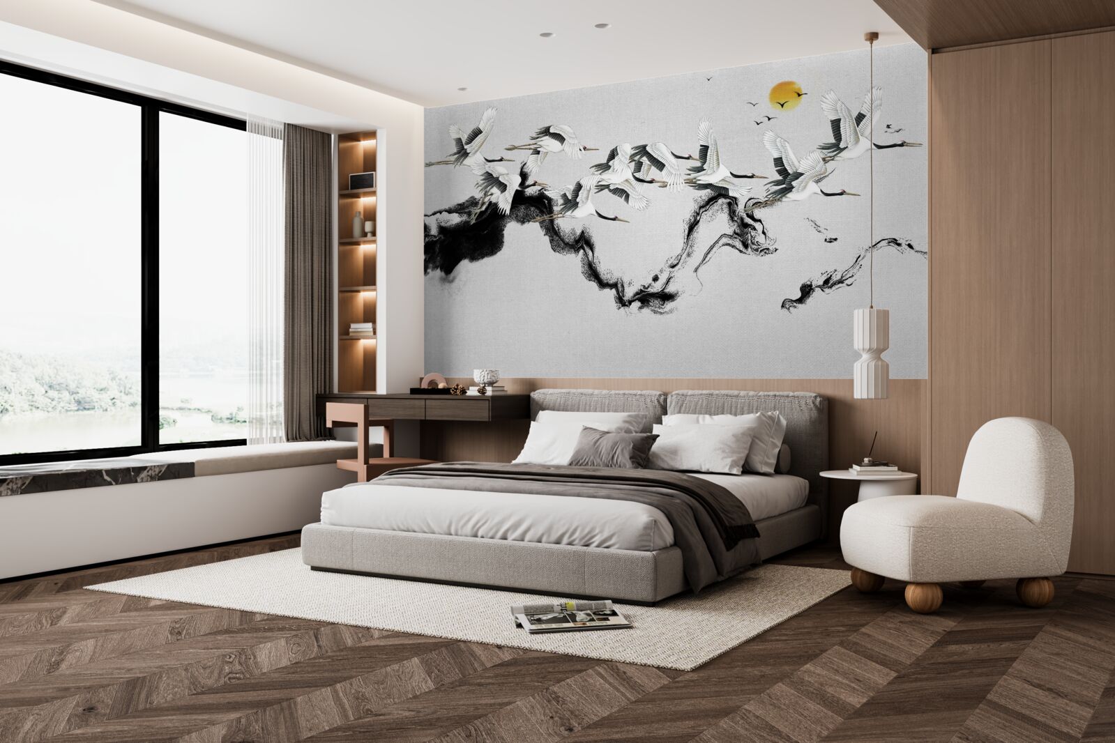 Fototapeta grupa żurawi z japonii szybuje w stronę zachodu słońca