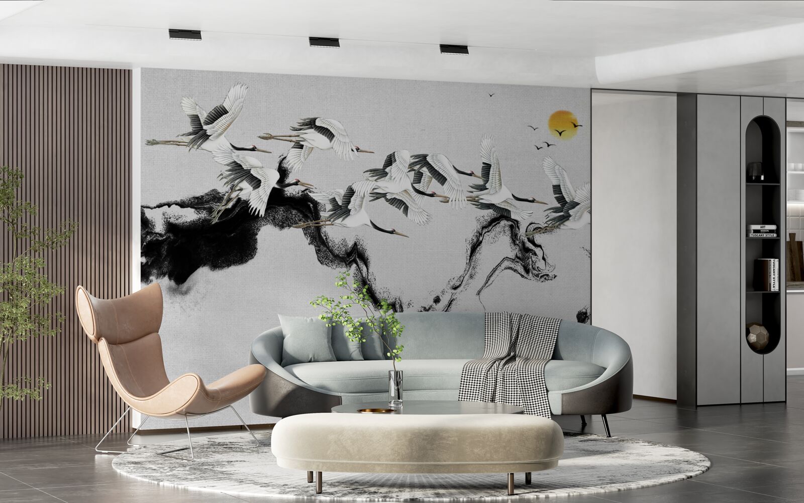 Fototapeta grupa żurawi z japonii szybuje w stronę zachodu słońca