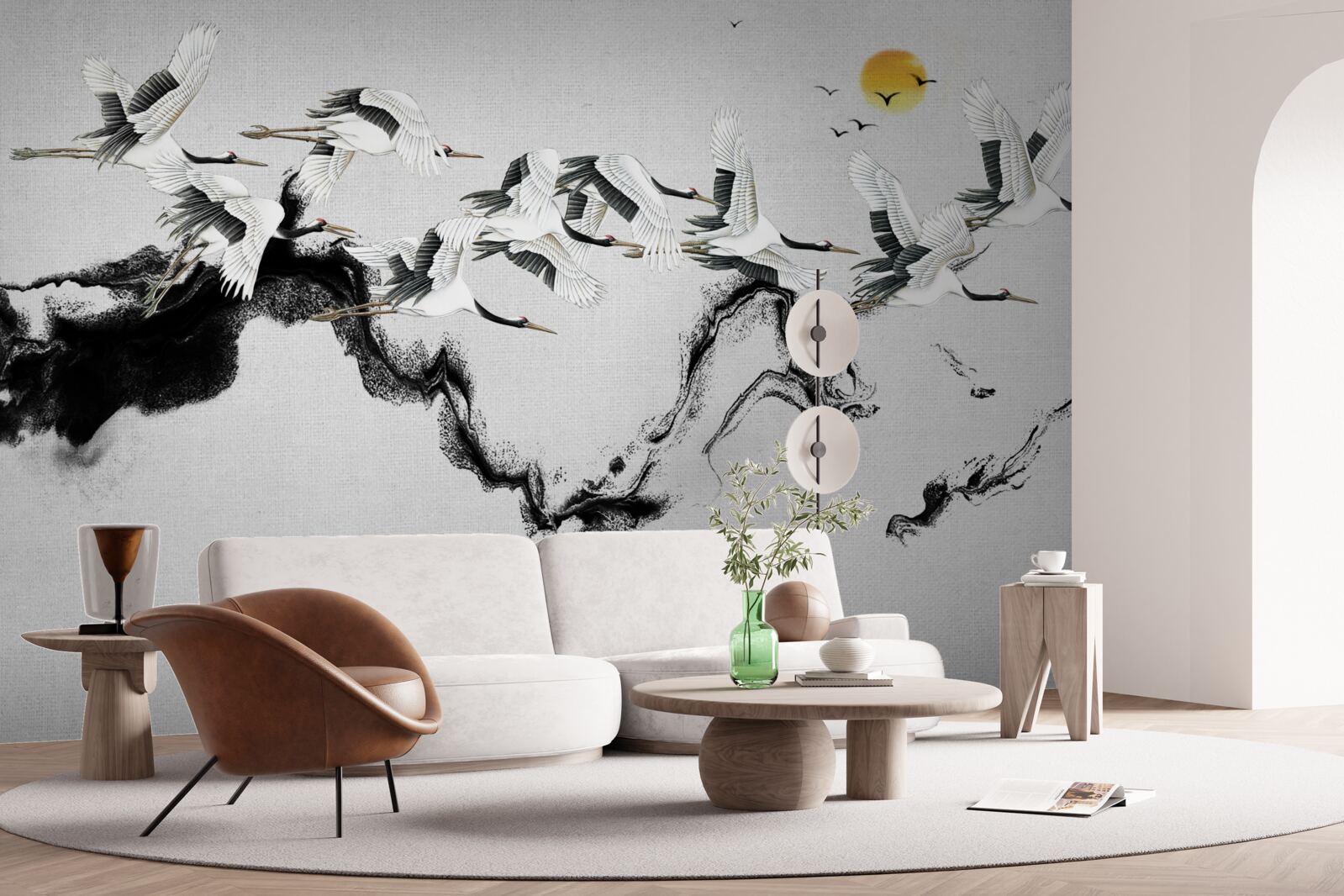 Fototapeta grupa żurawi z japonii szybuje w stronę zachodu słońca