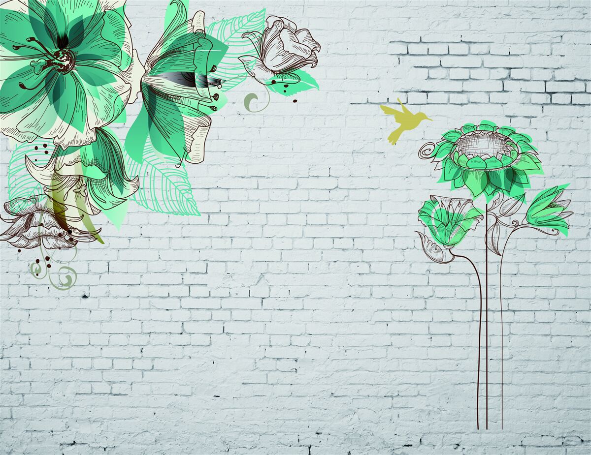 Fototapeta turkusowe kwiaty na białych cegłach