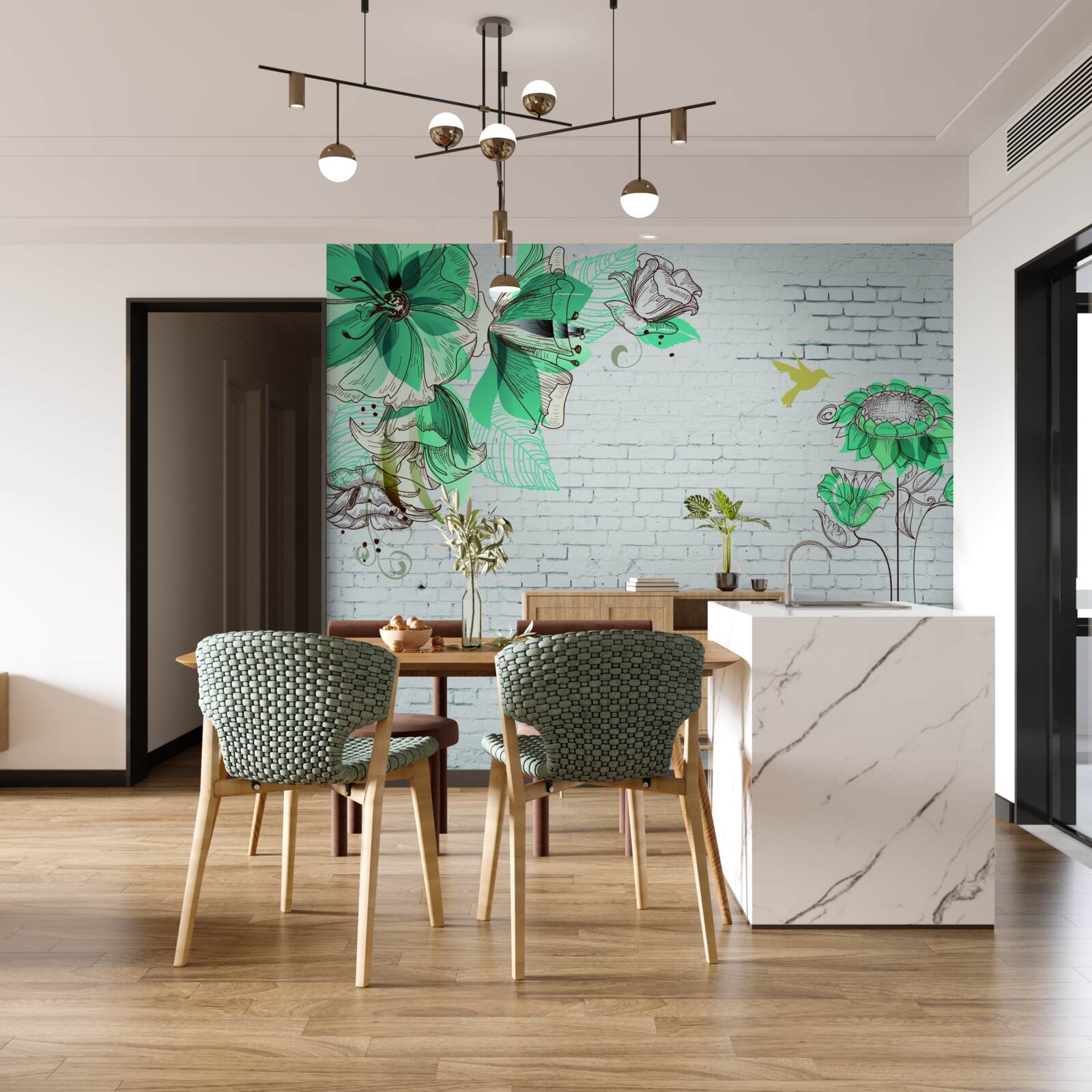 Fototapeta turkusowe kwiaty na białych cegłach