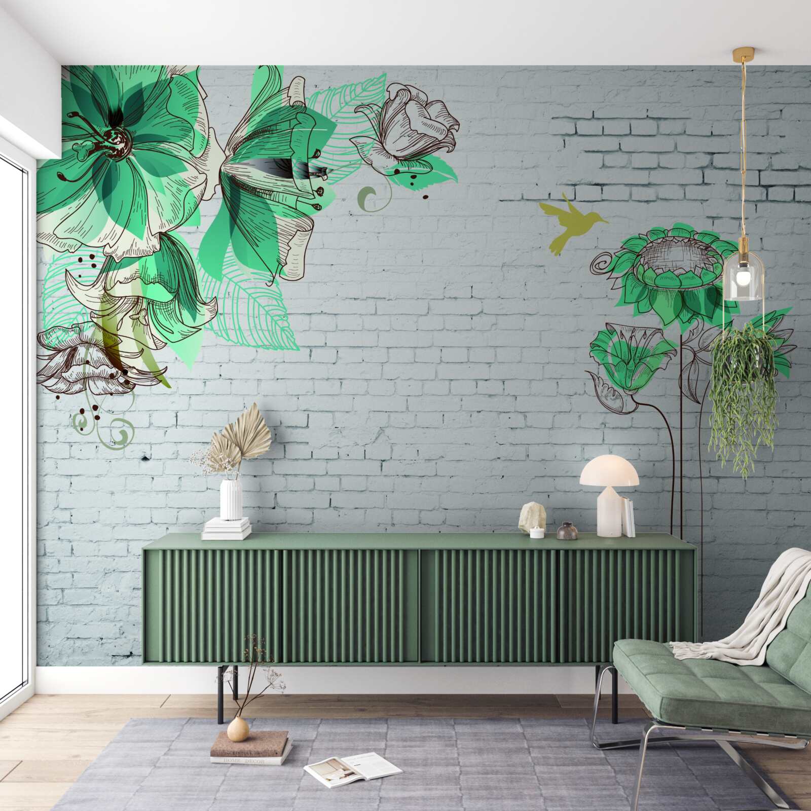 Fototapeta turkusowe kwiaty na białych cegłach