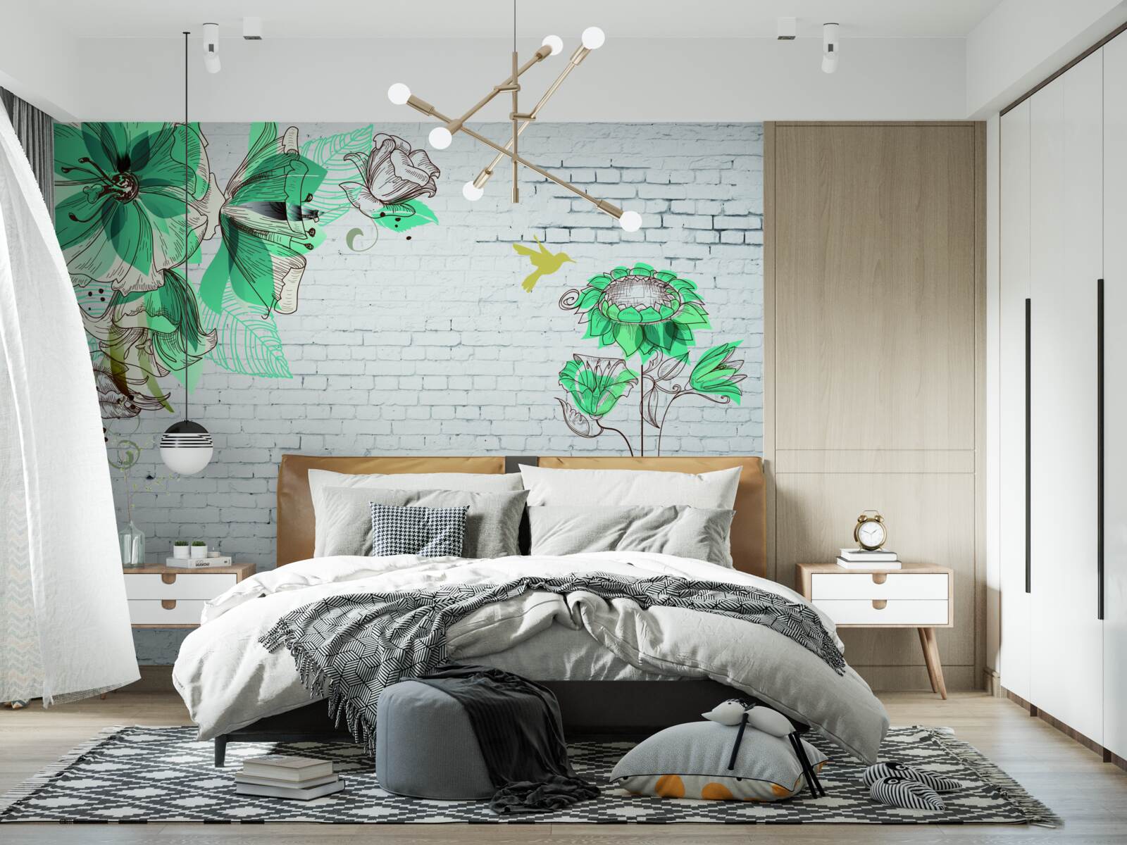 Fototapeta turkusowe kwiaty na białych cegłach