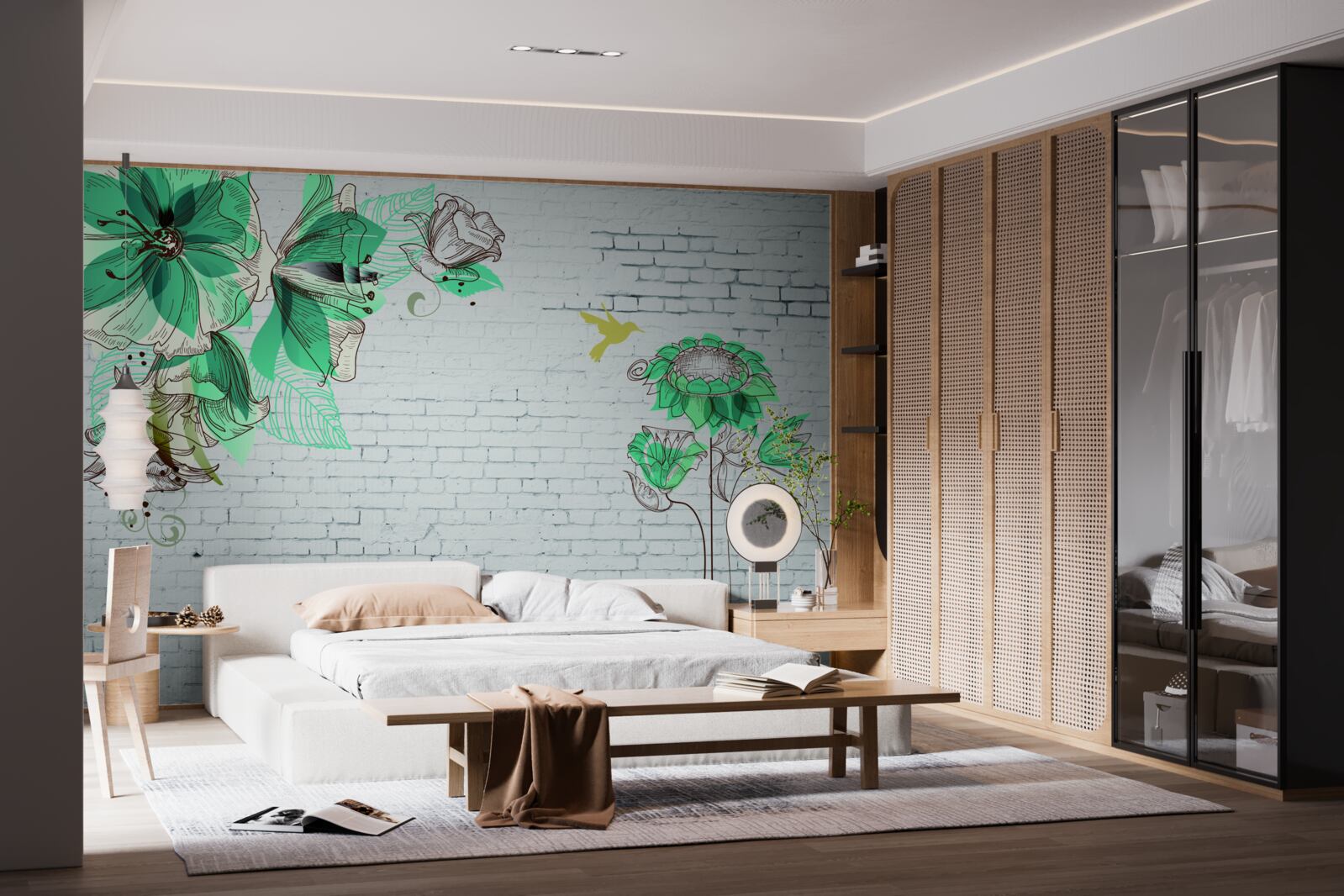 Fototapeta turkusowe kwiaty na białych cegłach