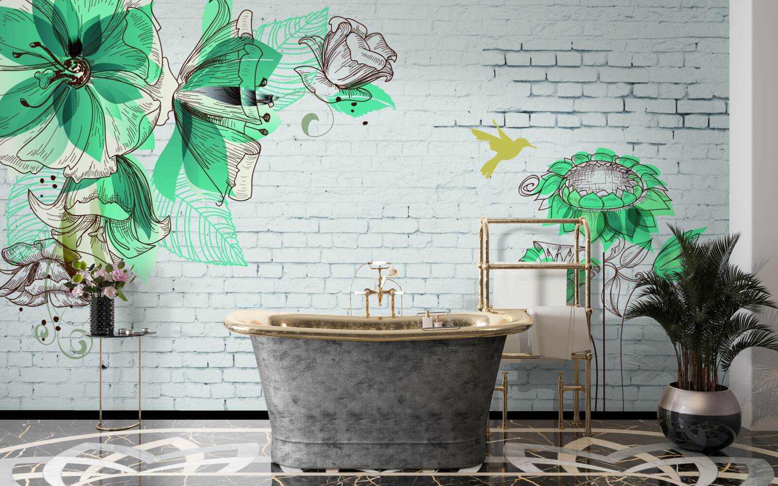 Fototapeta turkusowe kwiaty na białych cegłach