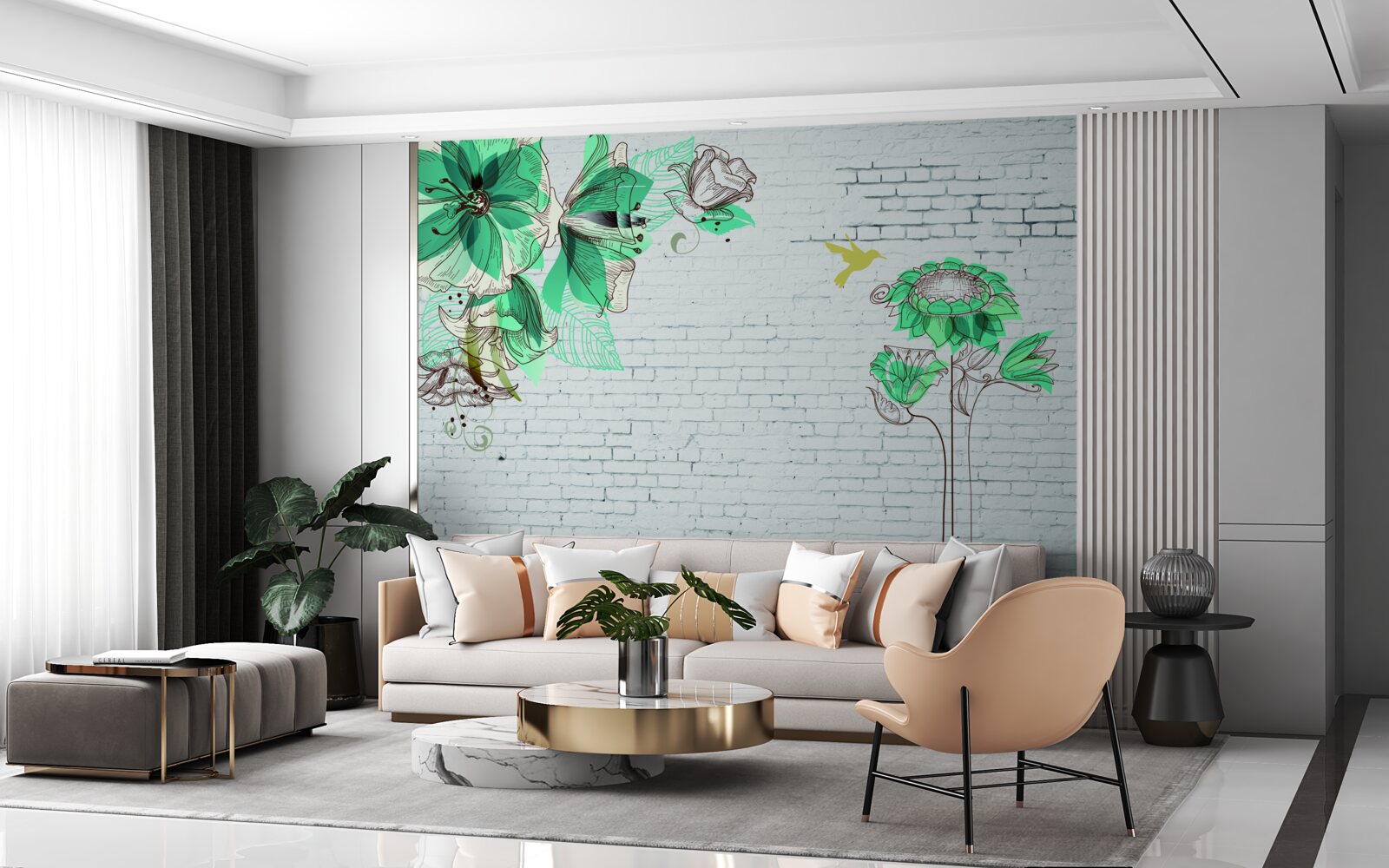 Fototapeta turkusowe kwiaty na białych cegłach