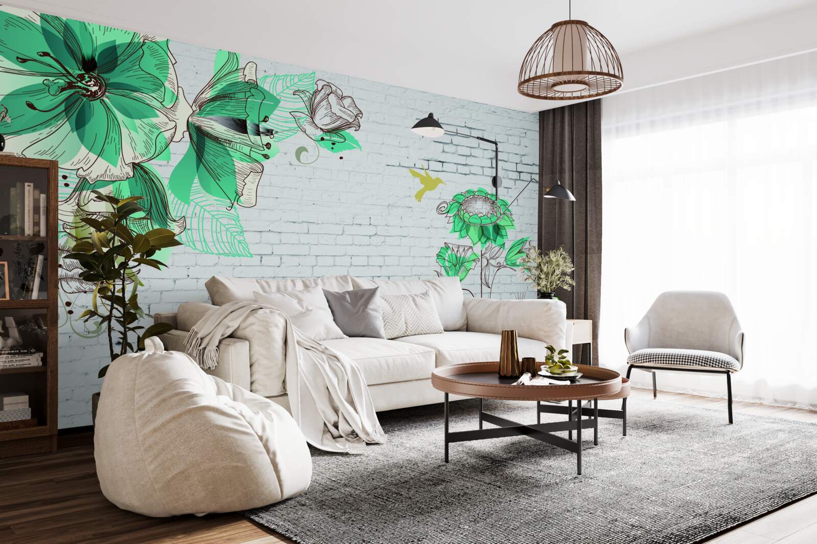 Fototapeta turkusowe kwiaty na białych cegłach