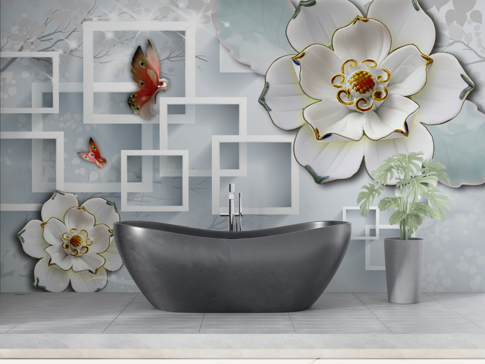 Fototapeta geometryczne kształty i białe lotosy