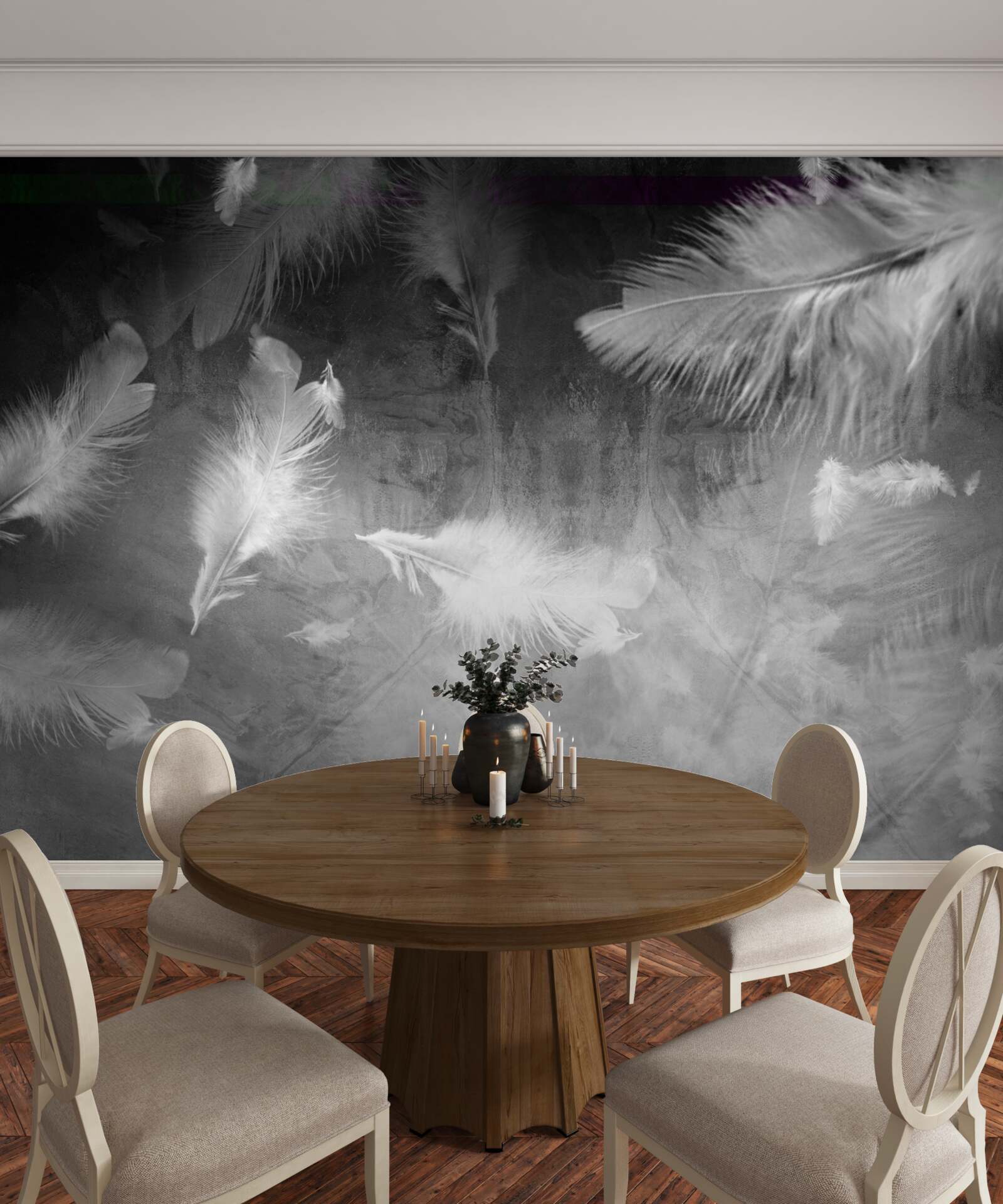 Fototapeta szare tło ozdobione jest białymi piórami