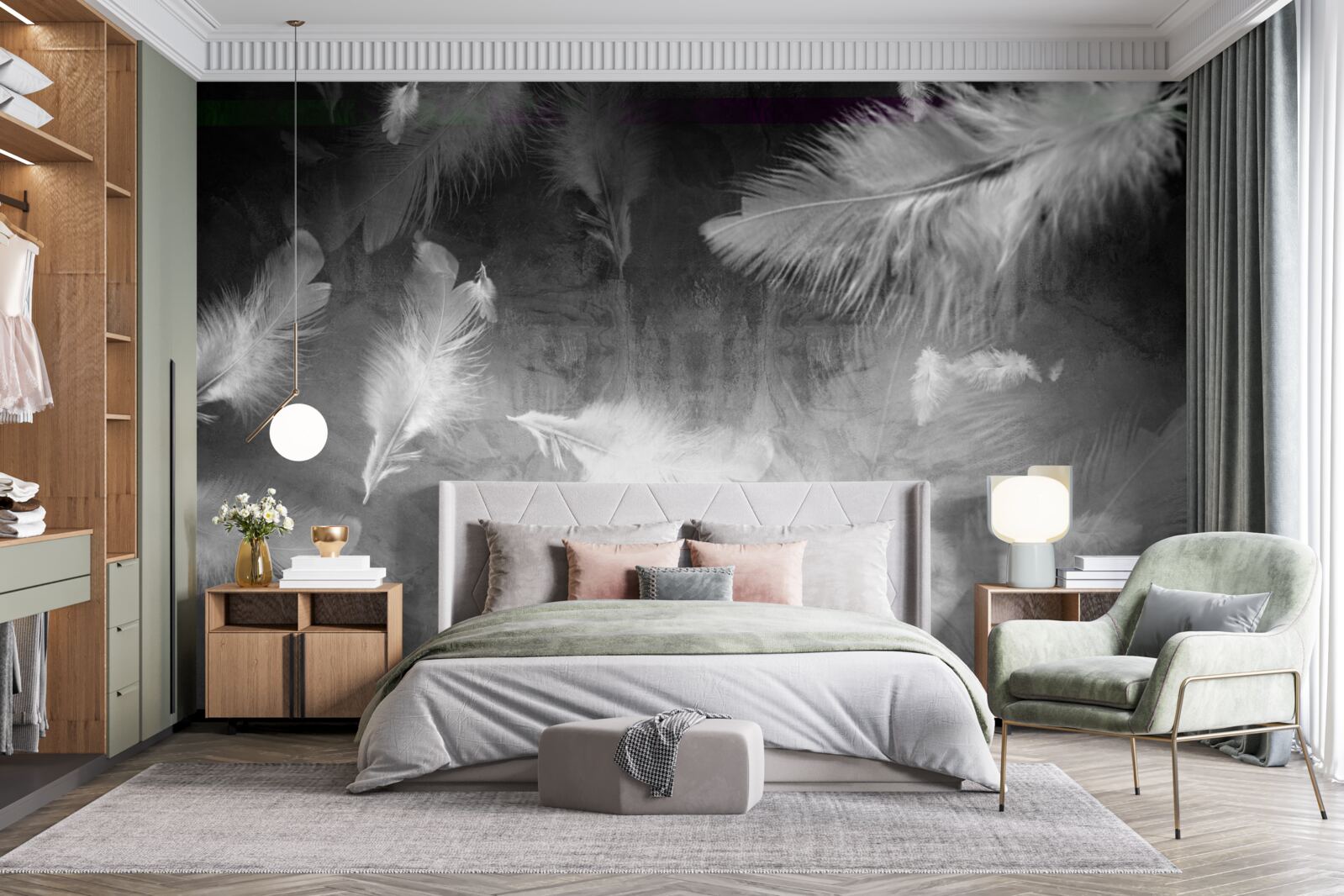 Fototapeta szare tło ozdobione jest białymi piórami