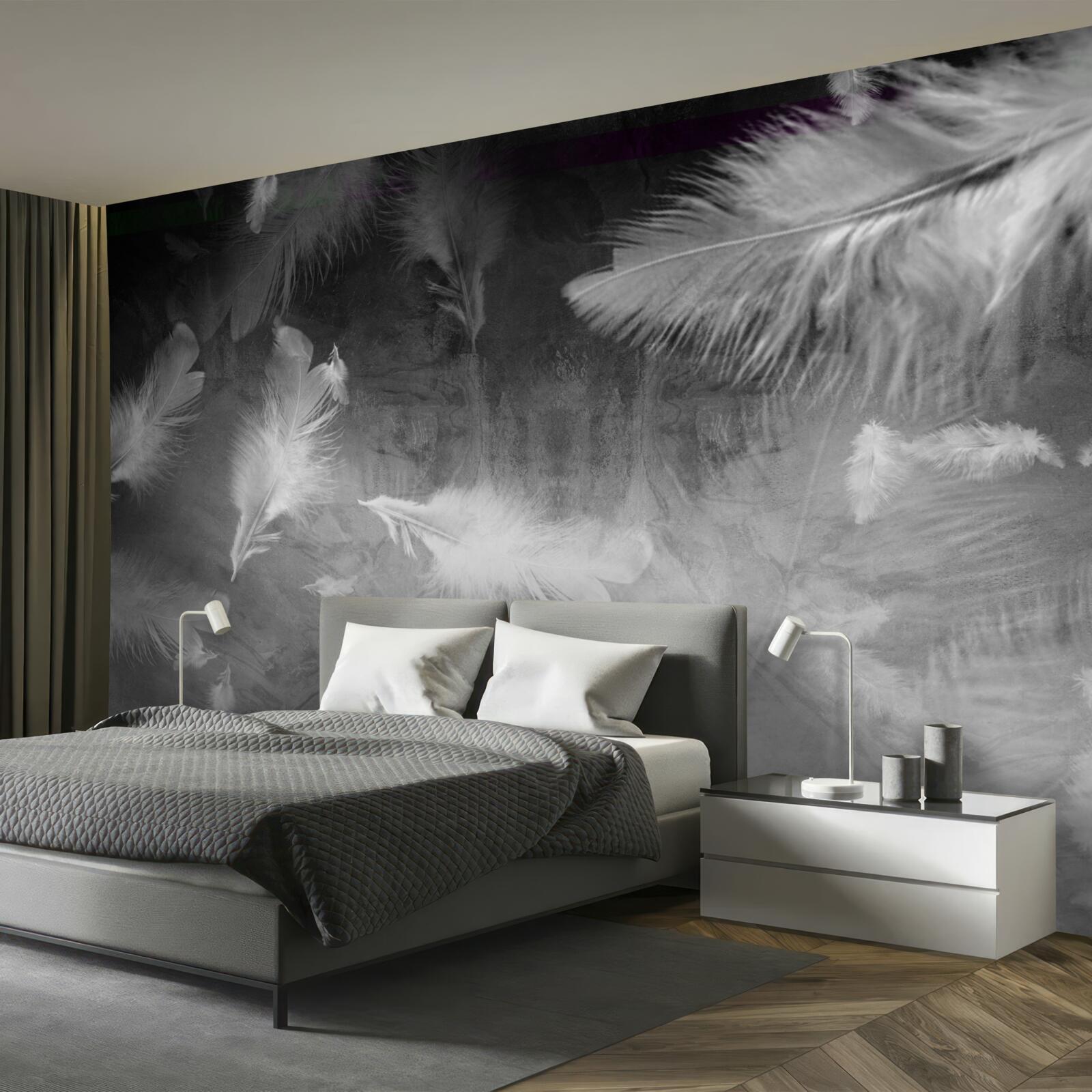 Fototapeta szare tło ozdobione jest białymi piórami