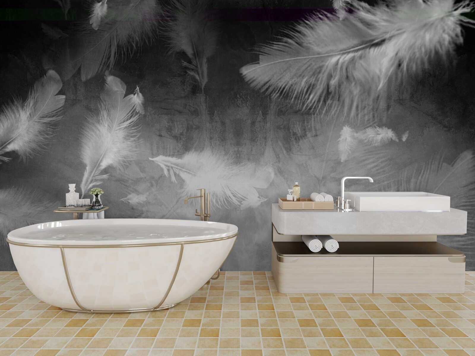 Fototapeta szare tło ozdobione jest białymi piórami