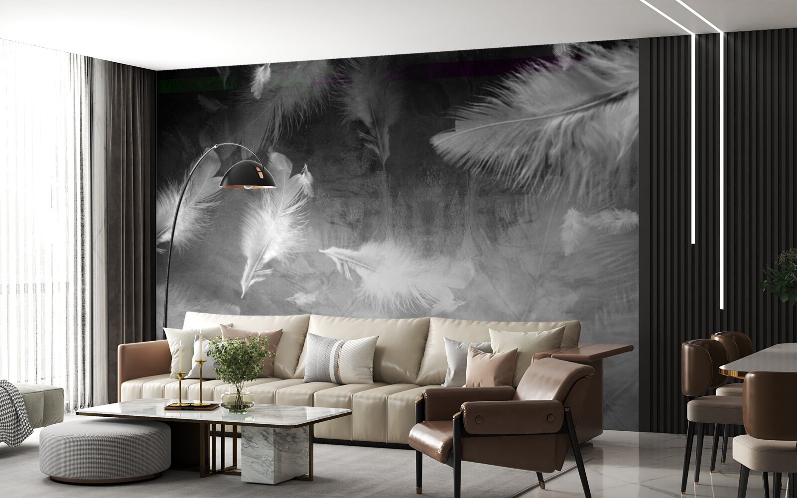 Fototapeta szare tło ozdobione jest białymi piórami