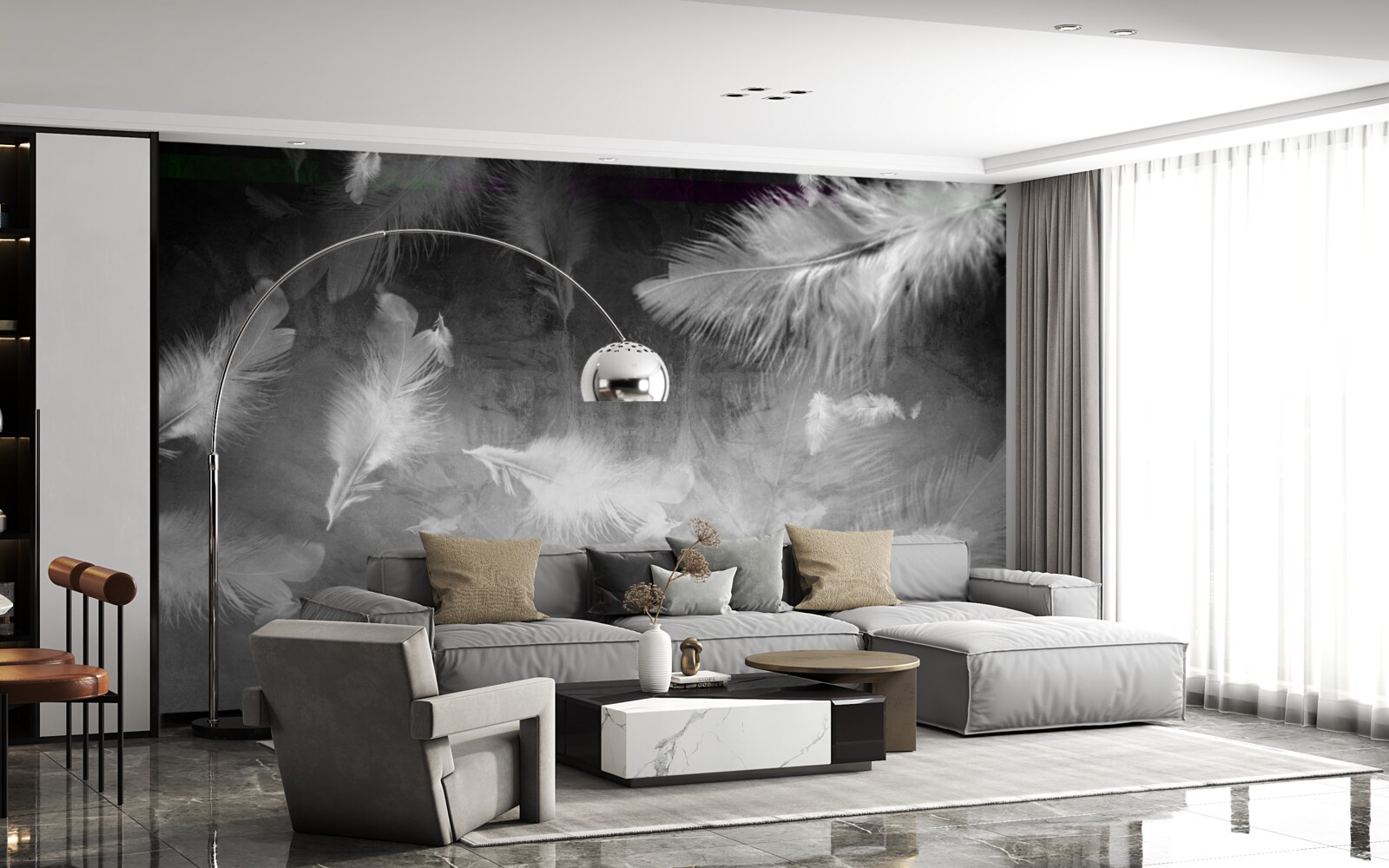 Fototapeta szare tło ozdobione jest białymi piórami