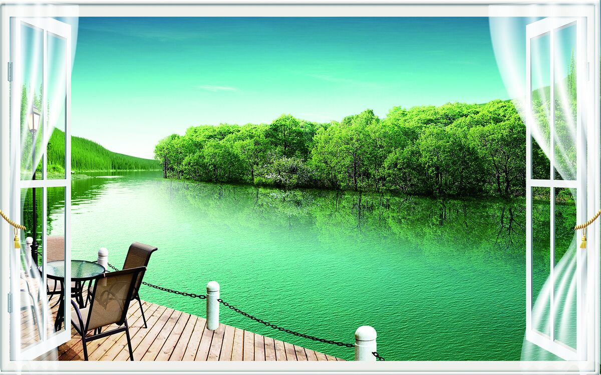 Fototapeta patio w pobliżu zielonkawego stawu