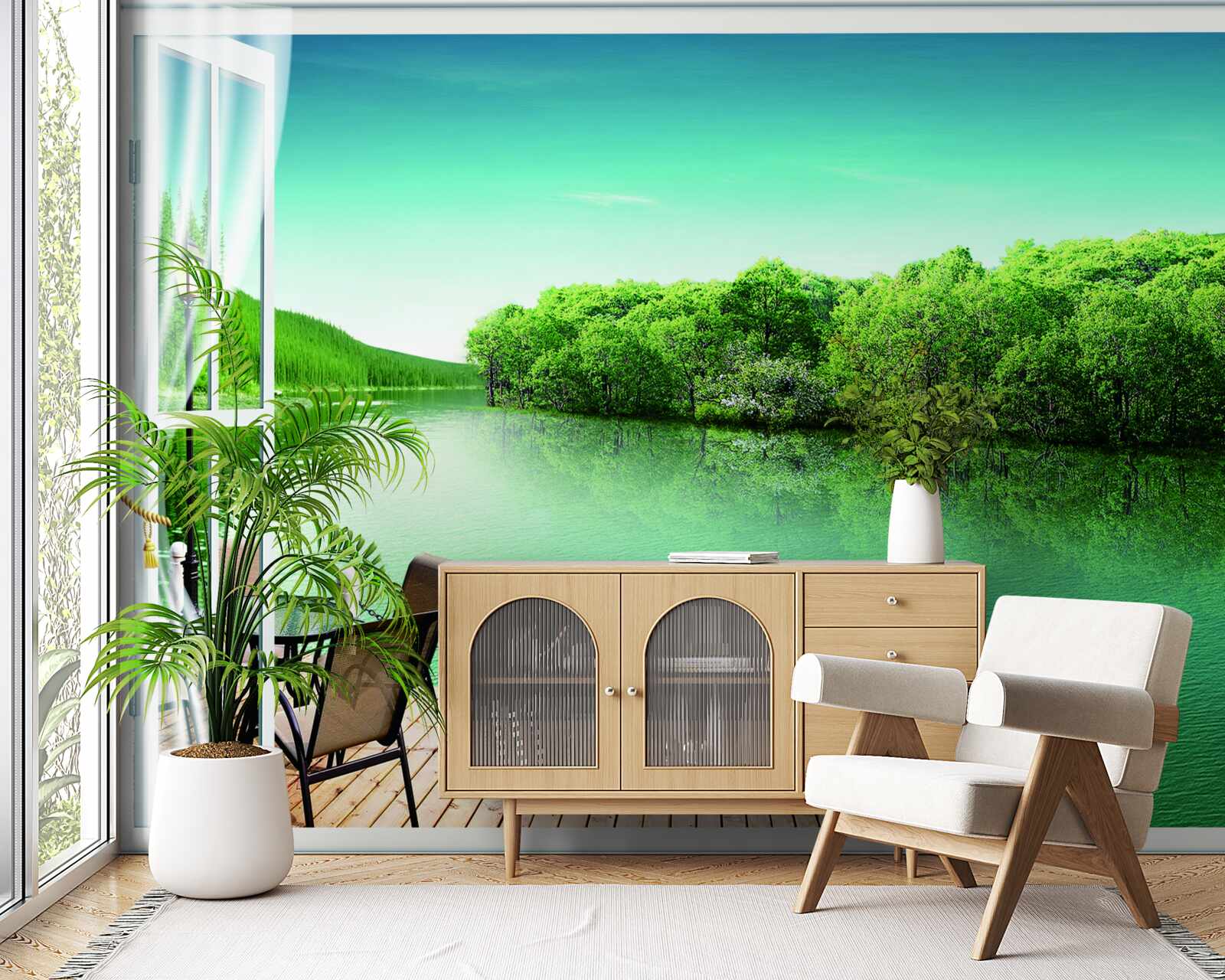 Fototapeta patio w pobliżu zielonkawego stawu