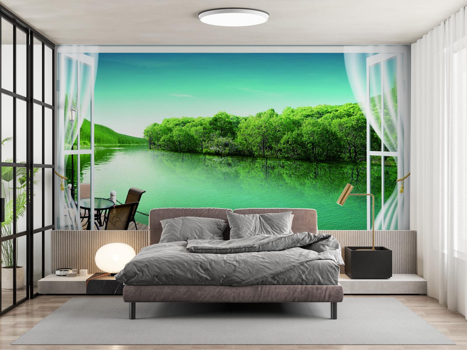 Fototapeta patio w pobliżu zielonkawego stawu