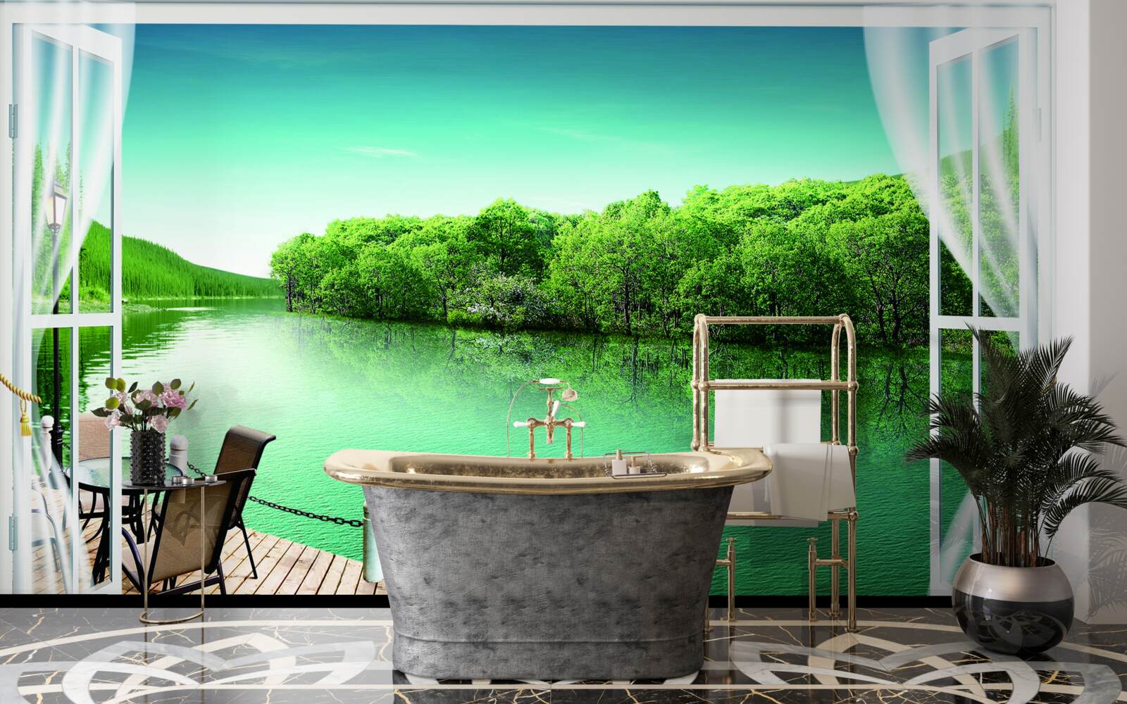 Fototapeta patio w pobliżu zielonkawego stawu