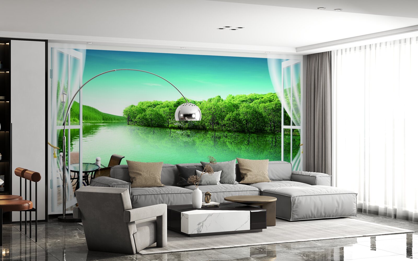 Fototapeta patio w pobliżu zielonkawego stawu