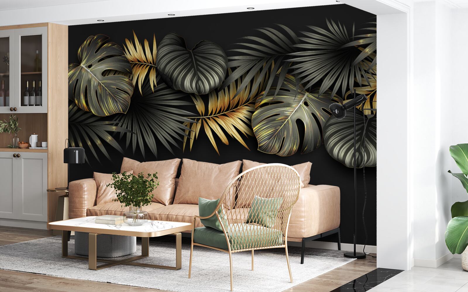 Fototapeta złote liście na czarnym tle