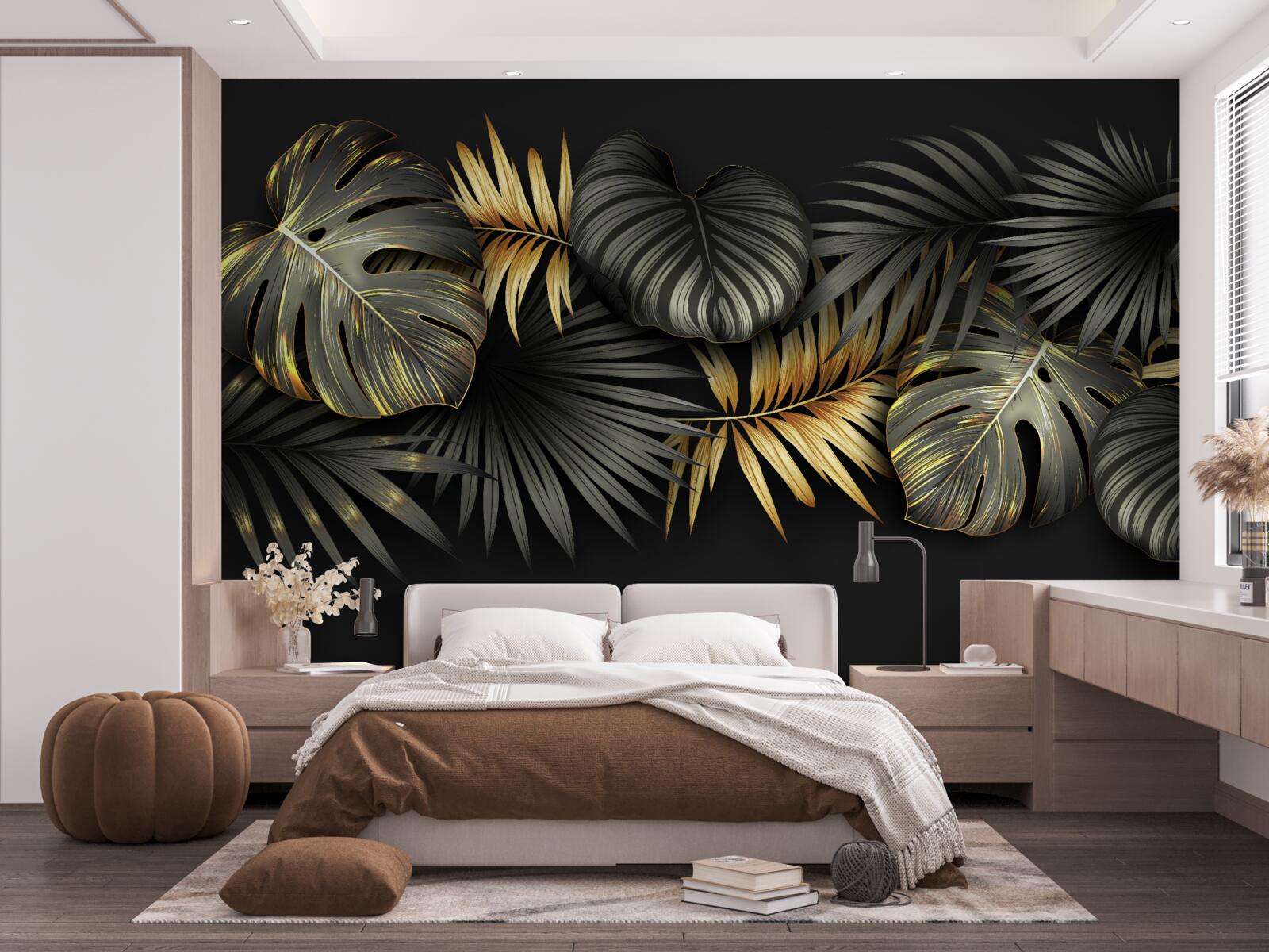 Fototapeta złote liście na czarnym tle