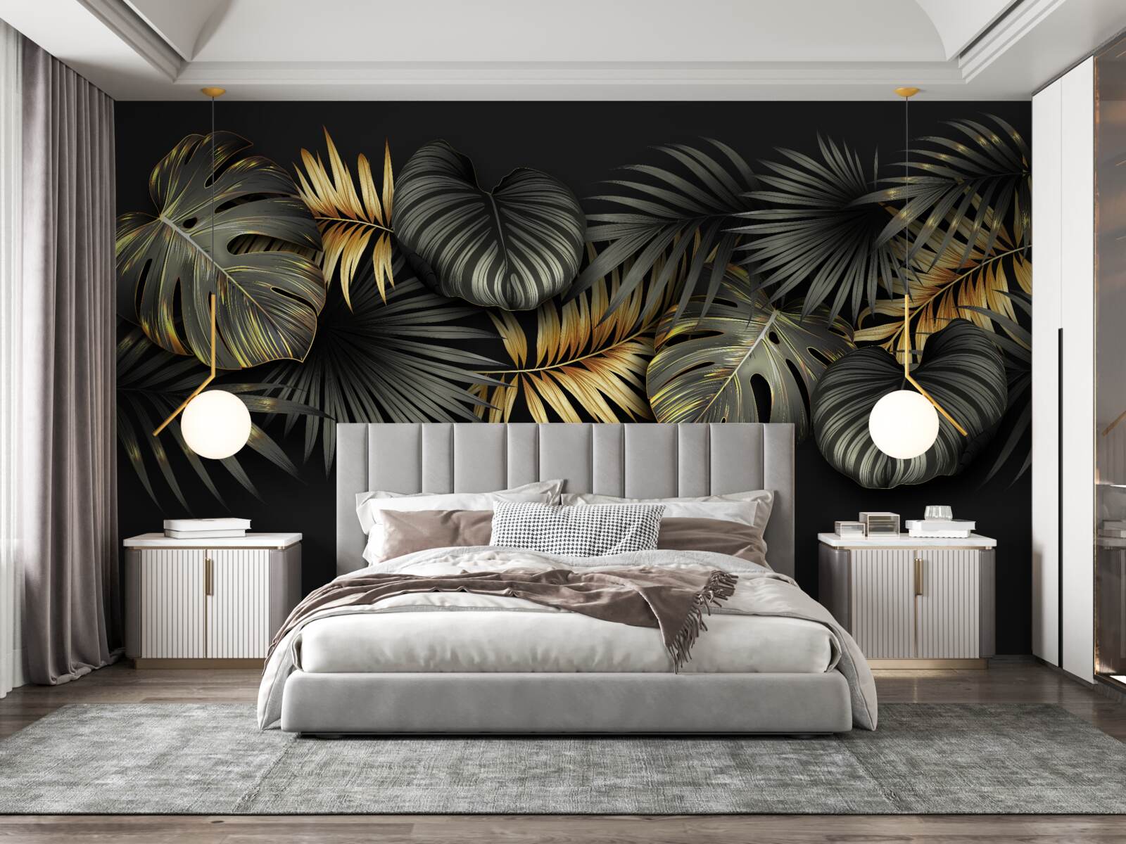 Fototapeta złote liście na czarnym tle