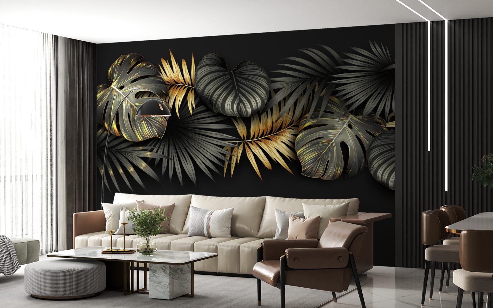 Fototapeta złote liście na czarnym tle