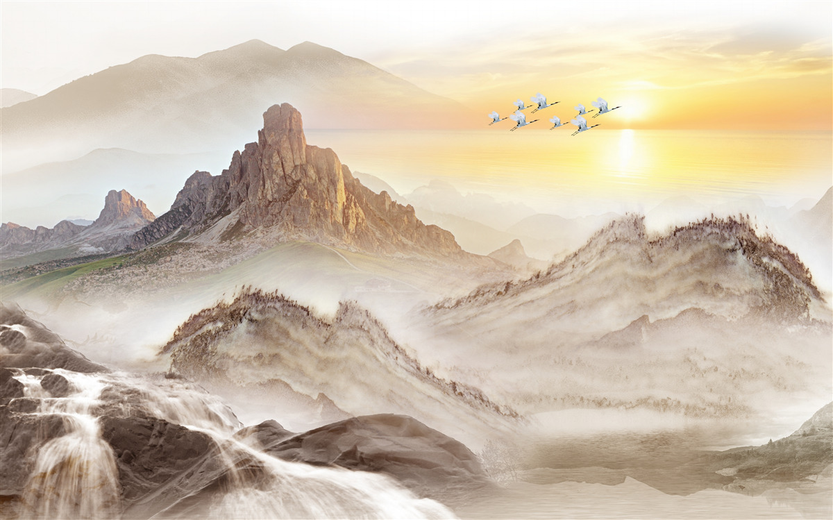 Fototapeta zachód słońca pod górami przechodzącymi z żurawiami