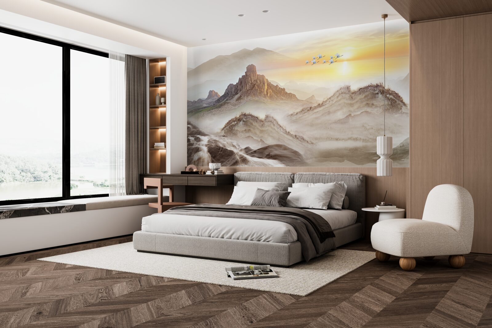 Fototapeta zachód słońca pod górami przechodzącymi z żurawiami