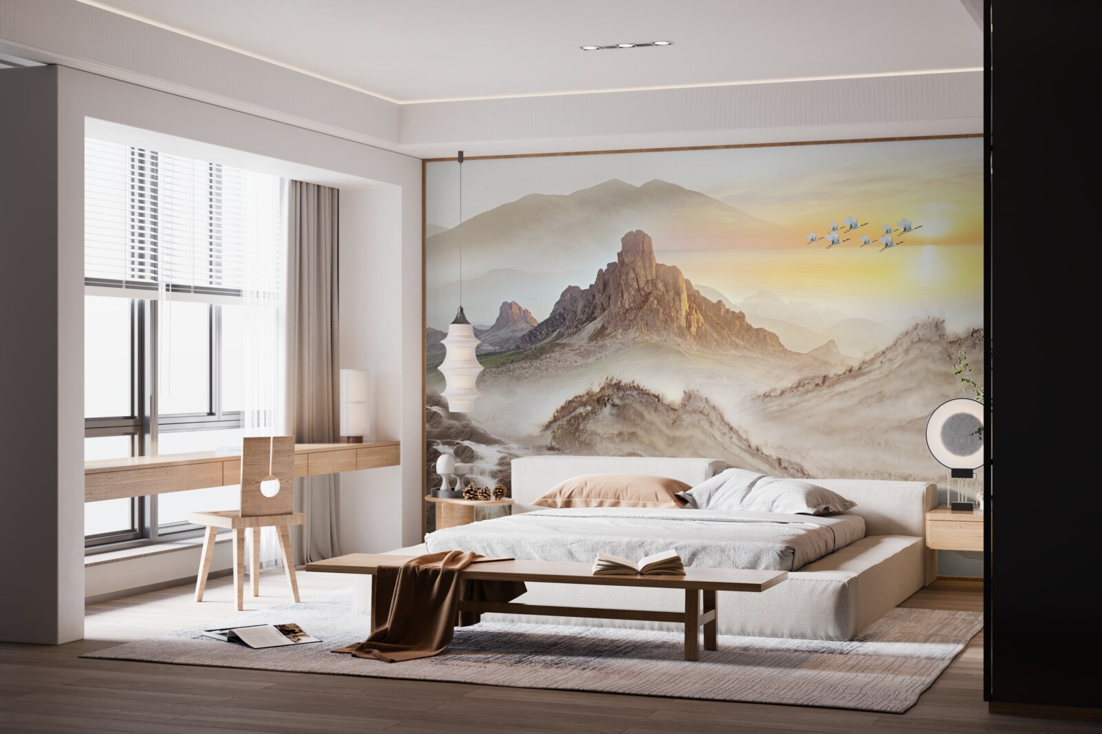 Fototapeta zachód słońca pod górami przechodzącymi z żurawiami