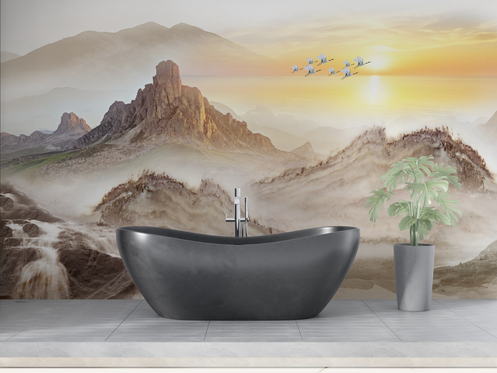 Fototapeta zachód słońca pod górami przechodzącymi z żurawiami