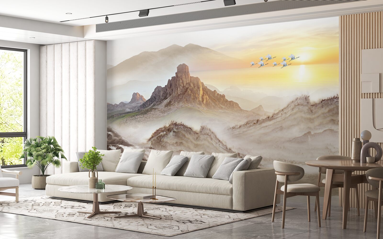 Fototapeta zachód słońca pod górami przechodzącymi z żurawiami