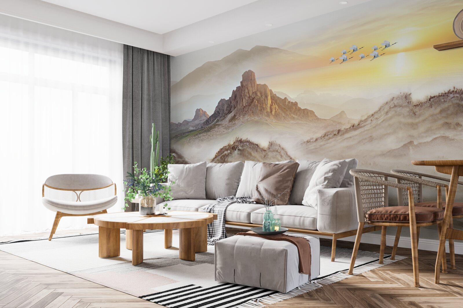 Fototapeta zachód słońca pod górami przechodzącymi z żurawiami