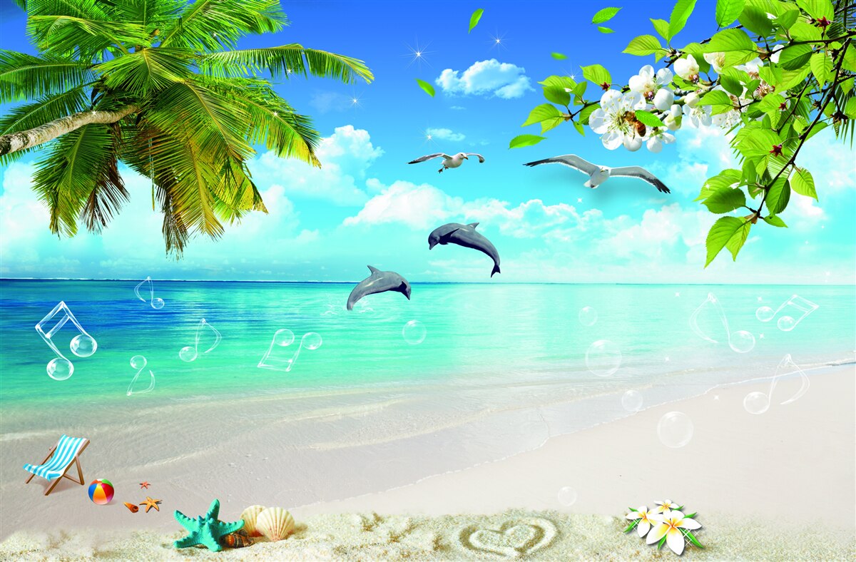 Fototapeta mewy i delfiny na brzegu oceanu