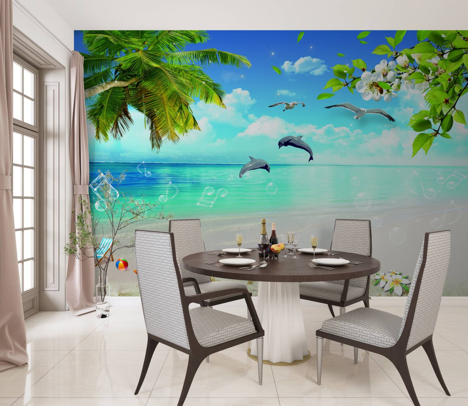 Fototapeta mewy i delfiny na brzegu oceanu