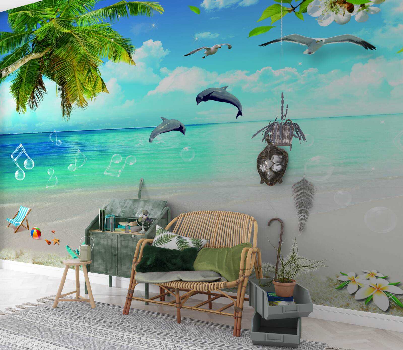 Fototapeta mewy i delfiny na brzegu oceanu