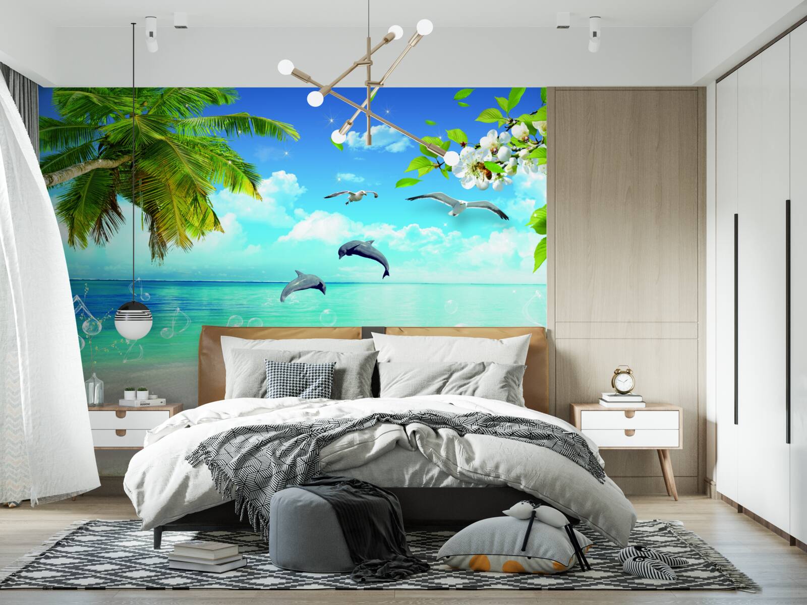 Fototapeta mewy i delfiny na brzegu oceanu