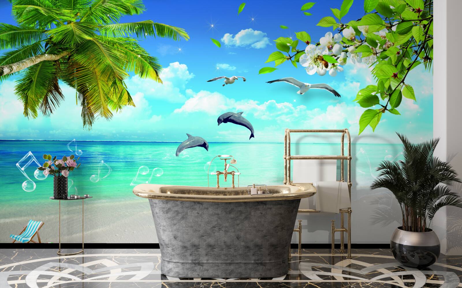 Fototapeta mewy i delfiny na brzegu oceanu