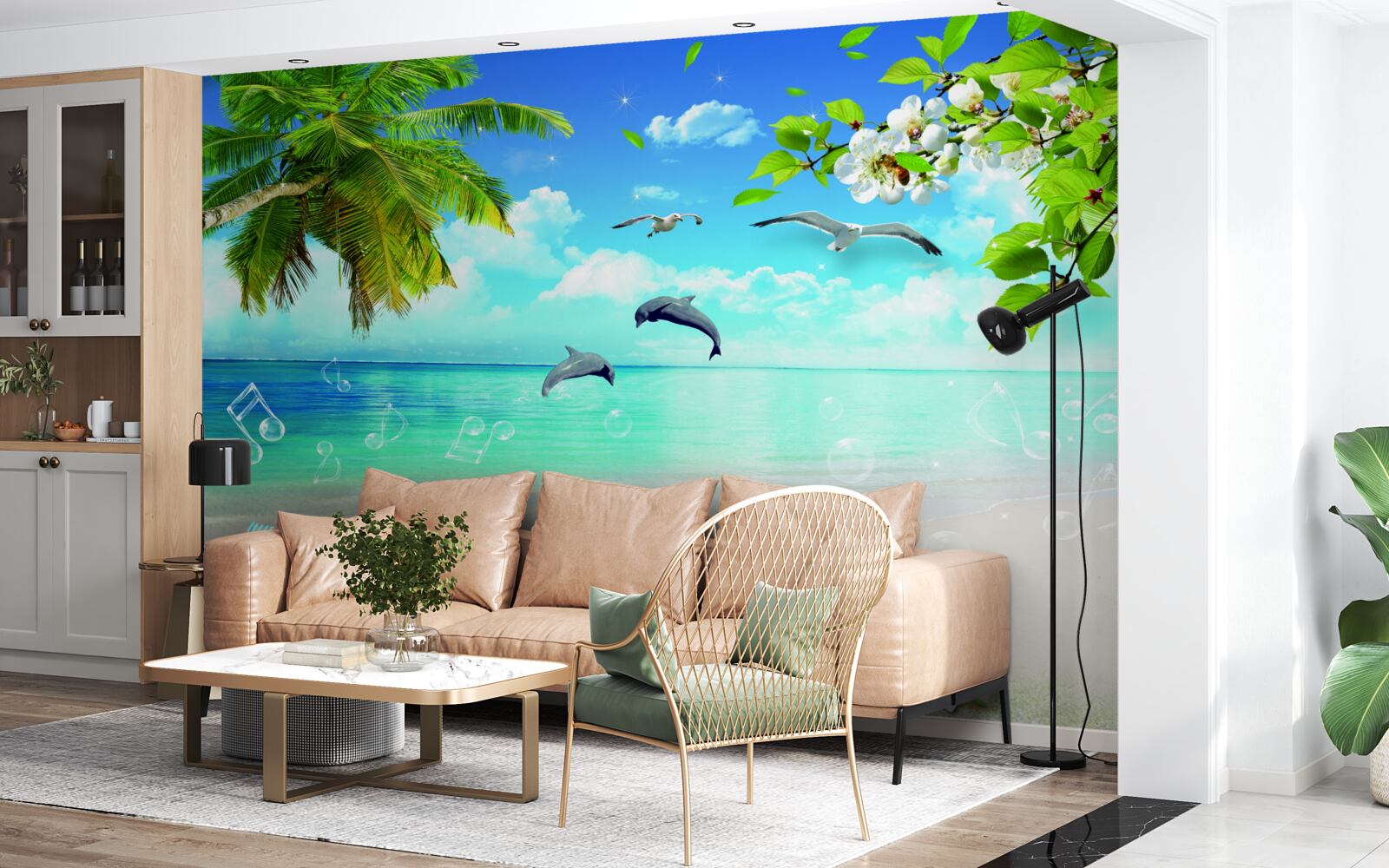 Fototapeta mewy i delfiny na brzegu oceanu