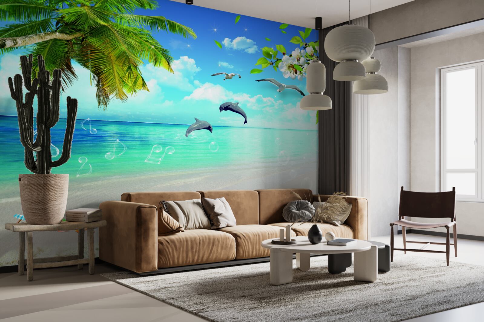 Fototapeta mewy i delfiny na brzegu oceanu