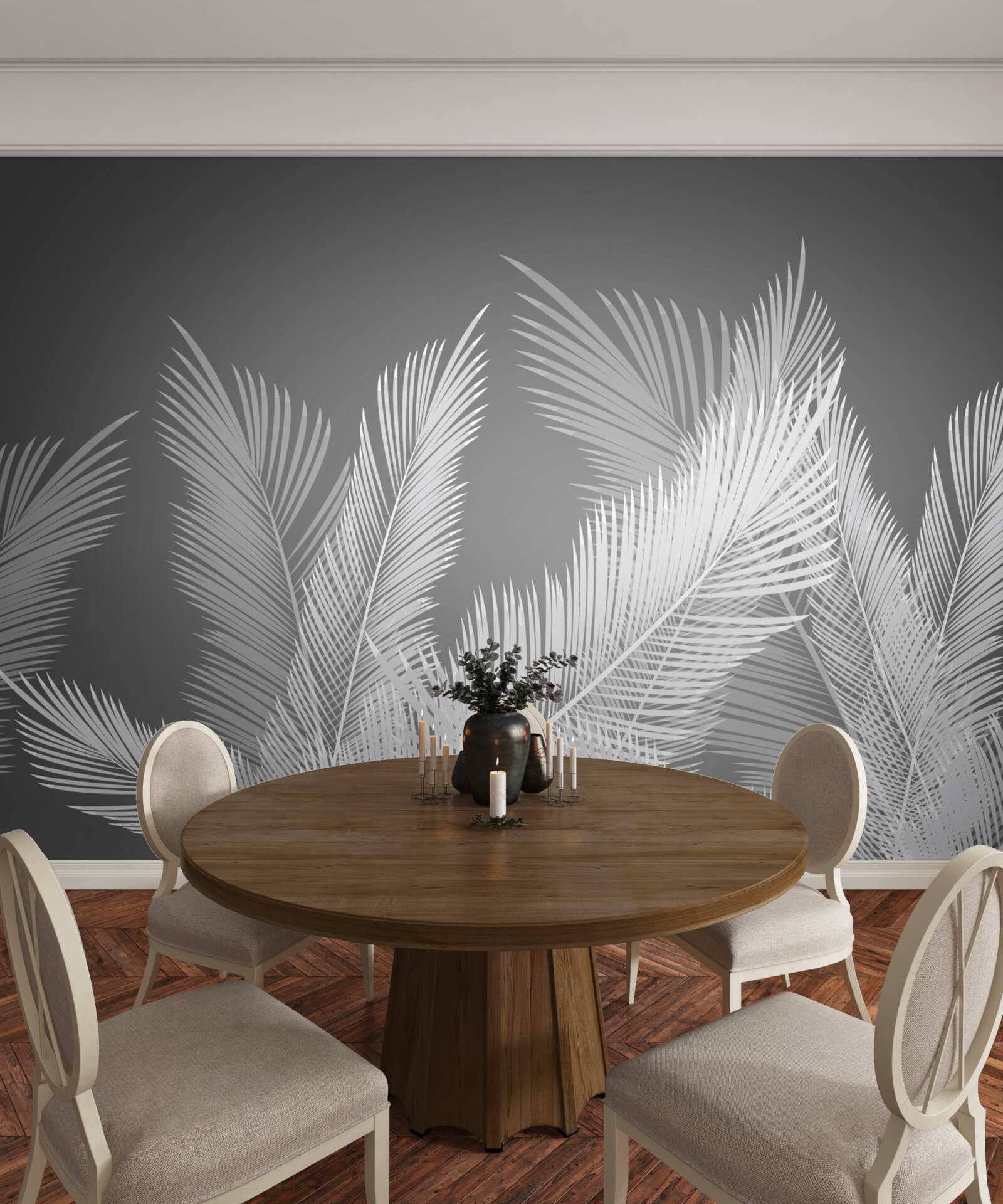 Fototapeta pióro przesuwa się po białych liściach na szarym tle