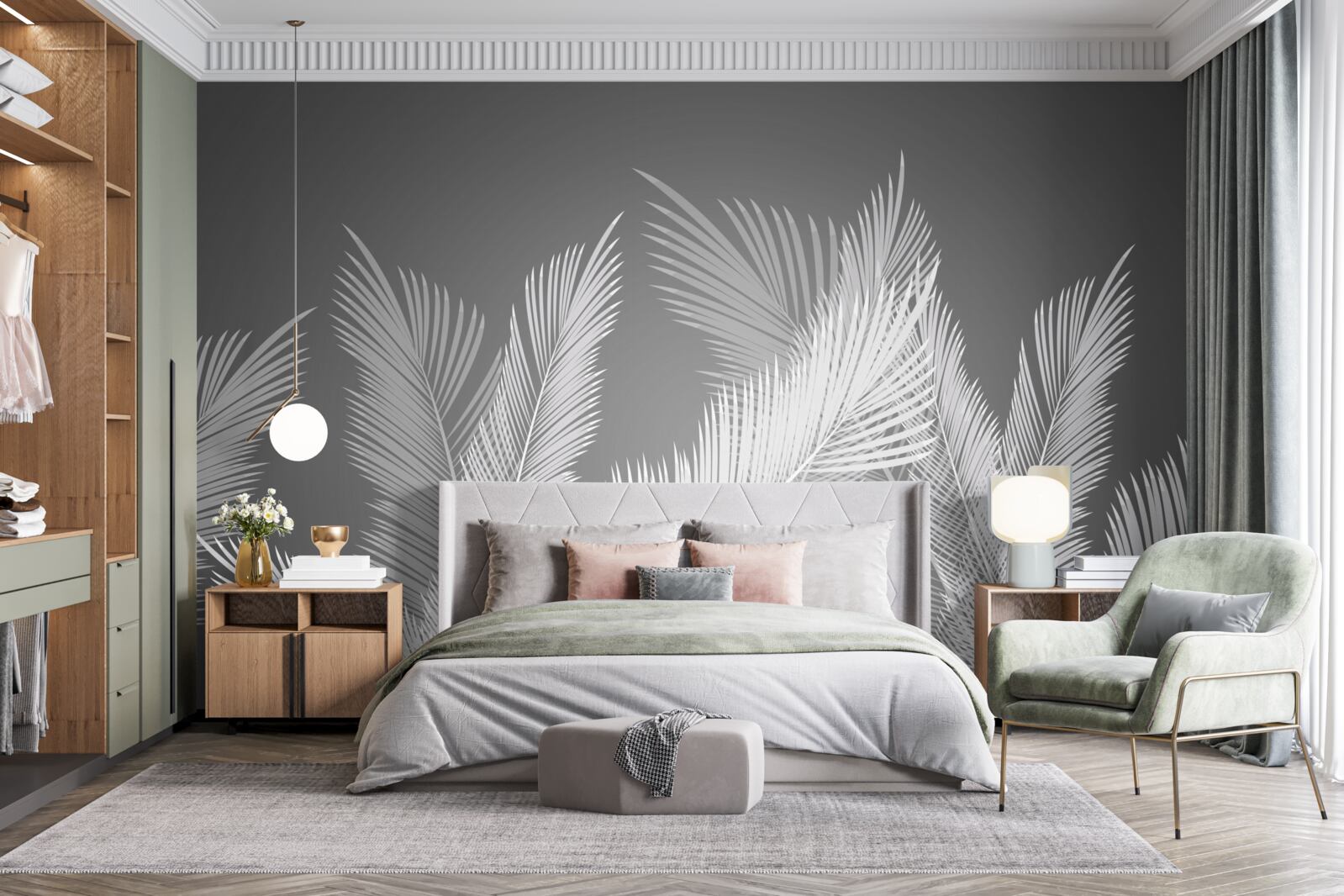 Fototapeta pióro przesuwa się po białych liściach na szarym tle