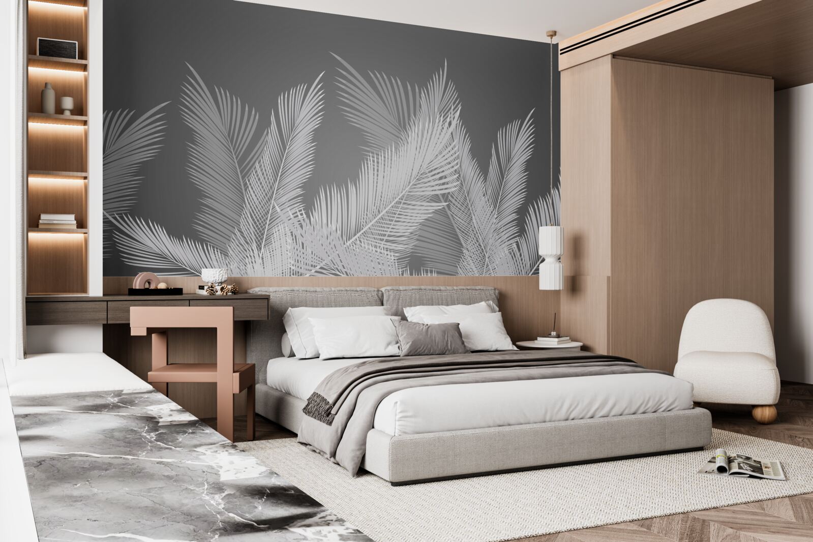 Fototapeta pióro przesuwa się po białych liściach na szarym tle