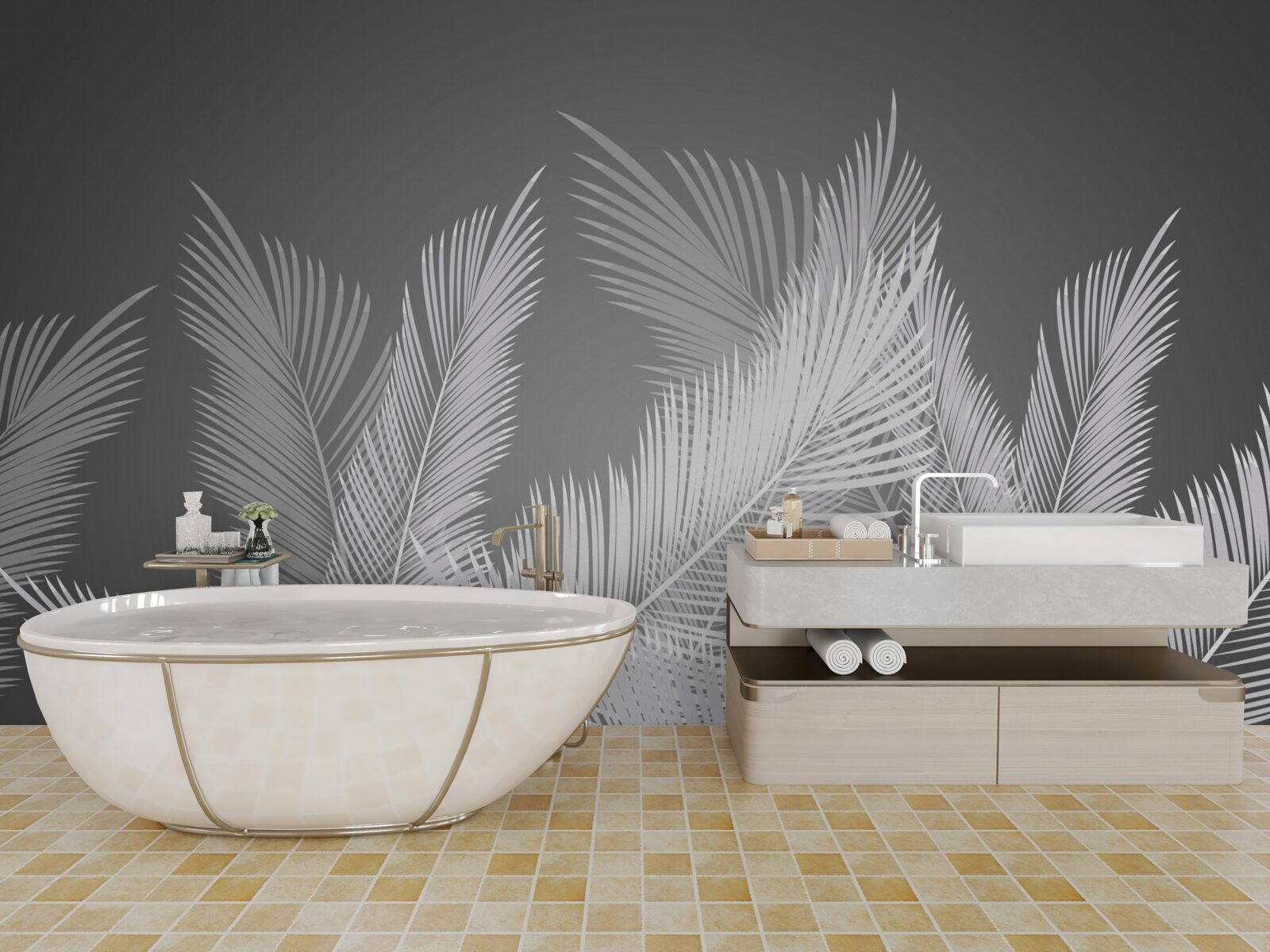 Fototapeta pióro przesuwa się po białych liściach na szarym tle