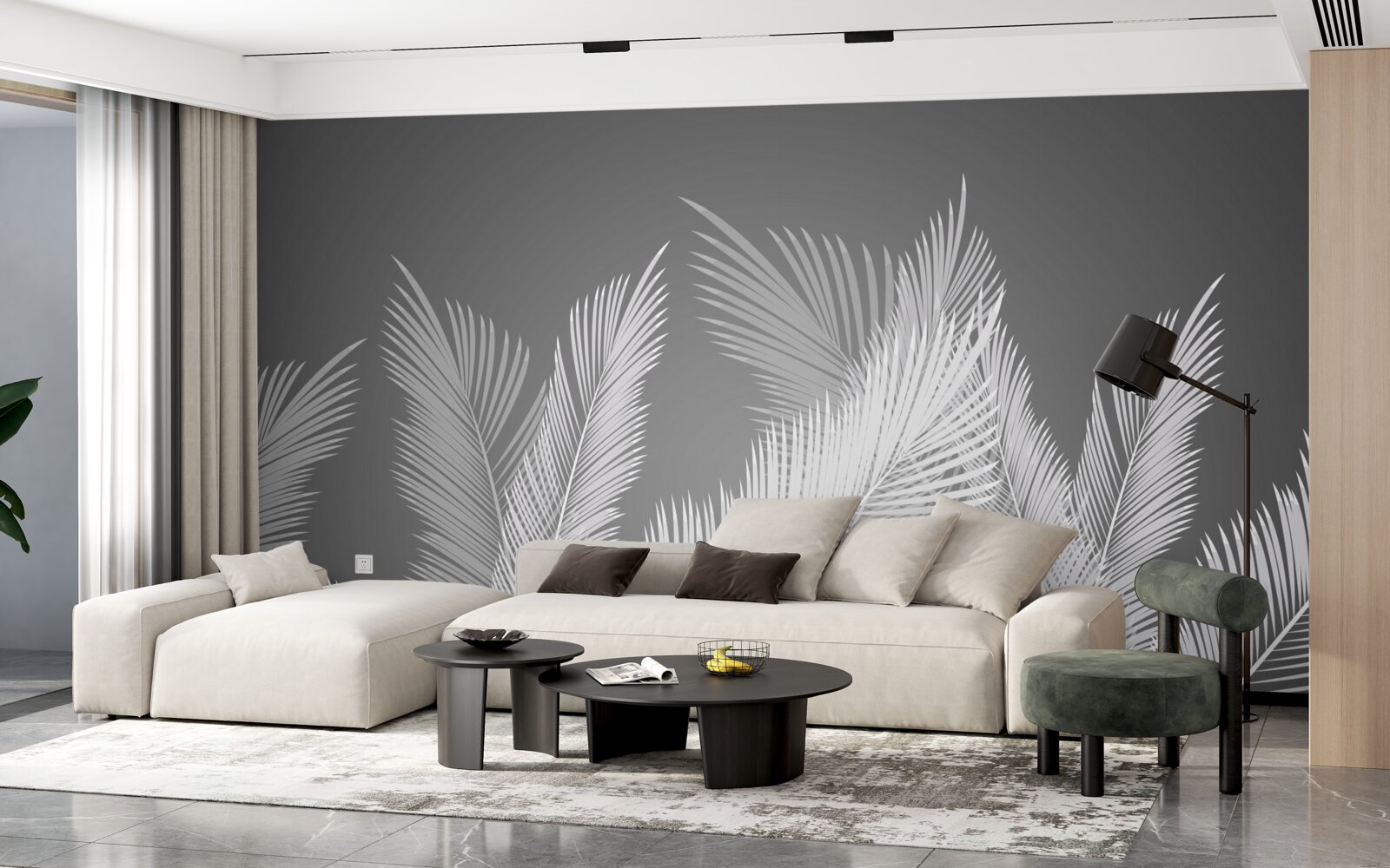 Fototapeta pióro przesuwa się po białych liściach na szarym tle