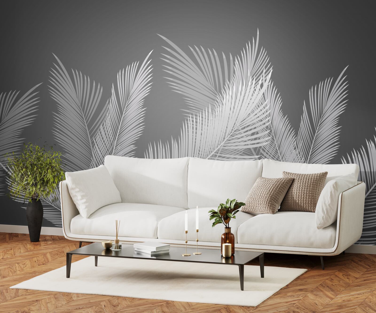 Fototapeta pióro przesuwa się po białych liściach na szarym tle