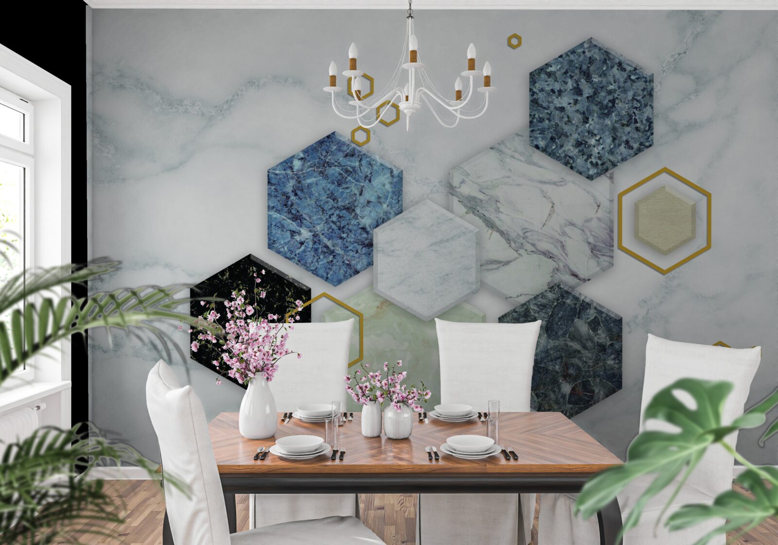 Fototapeta pięciokątne mozaiki na tle białego marmuru