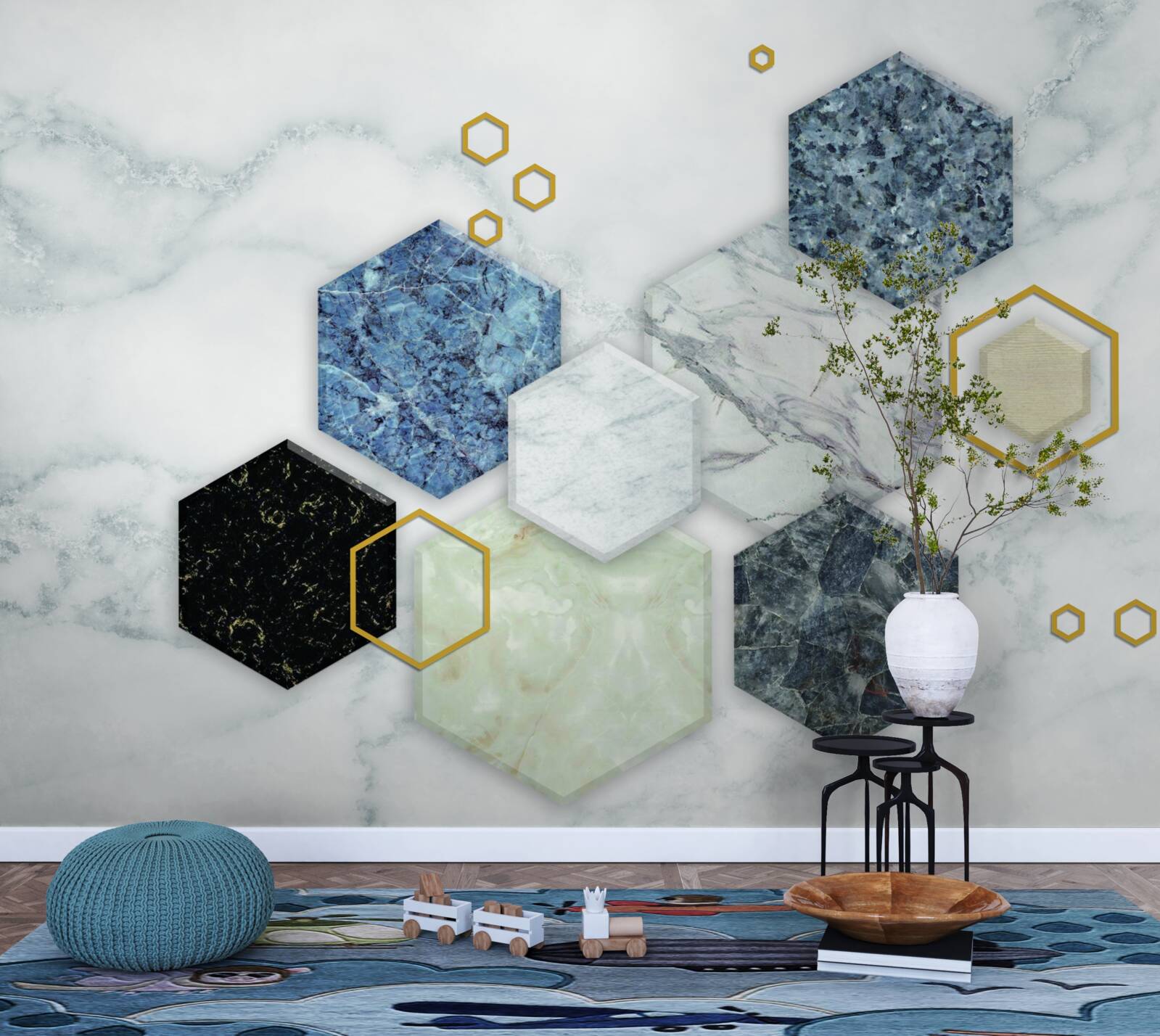 Fototapeta pięciokątne mozaiki na tle białego marmuru